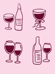 Whimsical Wine & Glasses Hand Drawn
