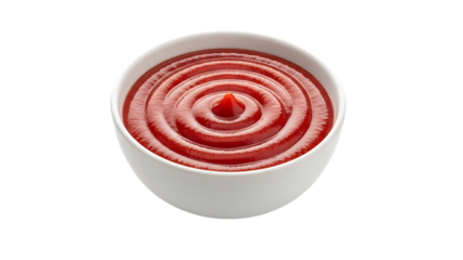 White bowl of red sauce with concentric circles isolated on a transparent background food condiment
