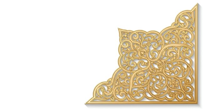 Intricate golden filigree corner design on transparent background with ornate patterns and swirling motifs style