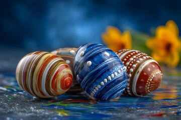 Fototapeta premium Closeup of intricately painted eggs in rich blue, red, and gold tones resting on a reflective surface, with soft yellow flowers adding festive charm for seasonal cards or ads.