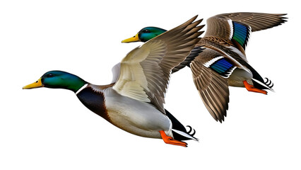 Obraz premium Two mallard ducks in flight with green heads and colorful feathers isolated on a transparent background