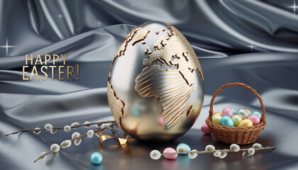 Życzenia Wielkanocne na karcie wielkanocnej. Ozdobione pisanki z widocznymi baziami w tle.