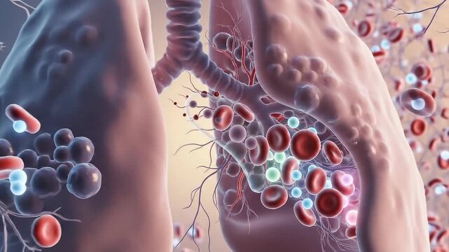 Detailed 3D illustration of human lungs with highlighted bronchi and alveoli