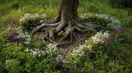 A tree's gnarled roots emerge from the ground, surrounded by a vibrant circle of colorful flowers in a lush green setting.