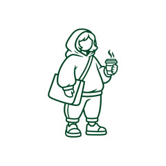 Stylized illustration of a person in a hoodie holding a coffee cup and bag.