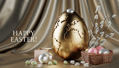 Życzenia Wielkanocne na karcie wielkanocnej. Ozdobione pisanki z widocznymi baziami w tle.