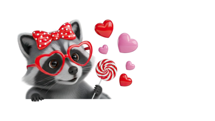 Cute Raccoon with Heart Glasses and Candy