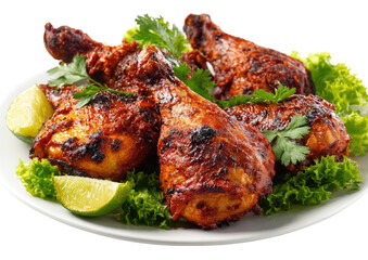Grilled chicken drumsticks, garnished with lettuce and lime, on white plate