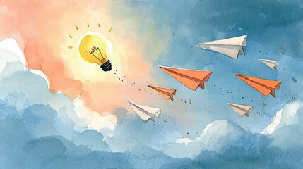 A whimsical illustration of paper airplanes flying towards a glowing light bulb in a colorful sky, symbolizing creativity and inspiration.