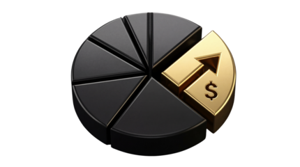 3d pie chart with dollar sign section highlighted, isolated on transparent background