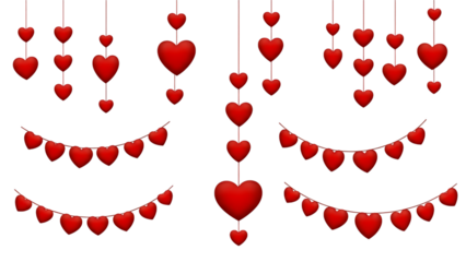 Red hearts hanging and strung together on strings isolated on a transparent background hanging hearts