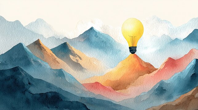 A whimsical watercolor depicting mountains with a glowing light bulb rising from a peak, symbolizing ideas and inspiration.