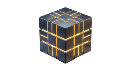 3d dark cube with glowing yellow lines isolated on transparent background