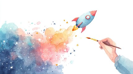 A whimsical watercolor illustration of a hand painting a rocket, with colorful cosmic clouds and stars, symbolizing creativity and imagination.