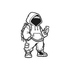 Hooded figure with backpack and phone in hand, black and white illustration.