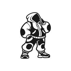 Stylized Black and White Illustration of a Person in a Hoodie and Baggy Clothes.