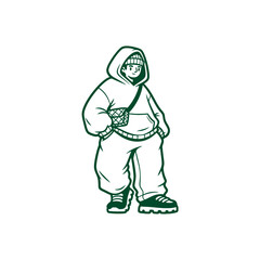 Stylish young person in oversized hoodie and baggy pants with a crossbody bag.