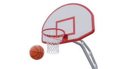 Basketball going through red basketball hoop isolated on transparent background