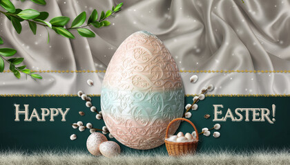 Życzenia Wielkanocne na karcie wielkanocnej. Ozdobione pisanki z widocznymi baziami w tle.