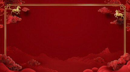 Luxury chinese background festive oriental background deep red cloud frame with golden horse decoration elegant celebration design for new year event card banner
