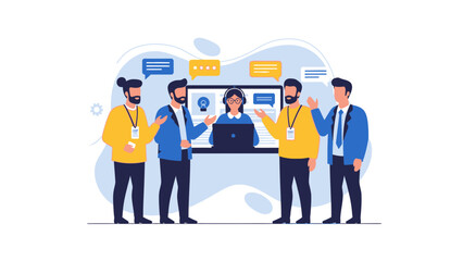 Business team discussing ideas with remote colleague via video call