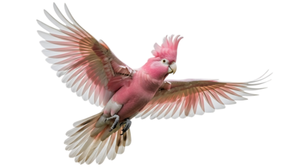 Pink cockatoo in flight with spread wings isolated on a transparent background bird flying 1 wings spread