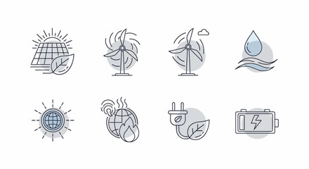 Set of eight line art icons representing various aspects of renewable energy and environmental sustainability.