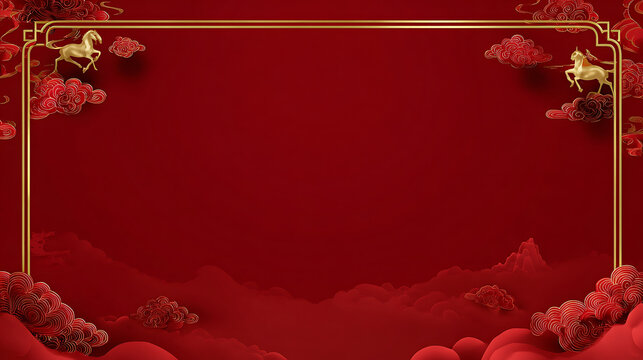 Luxury chinese background festive oriental background deep red cloud frame with golden horse decoration elegant celebration design for new year event card banner