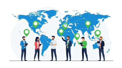 Global Business Team Connecting Worldwide with Location Pins on Map