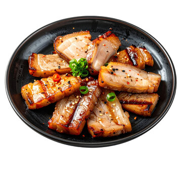 Juicy slices of samgyeopsal, korean grilled pork belly, with a side of dipping sauce, perfectly isolated on white background