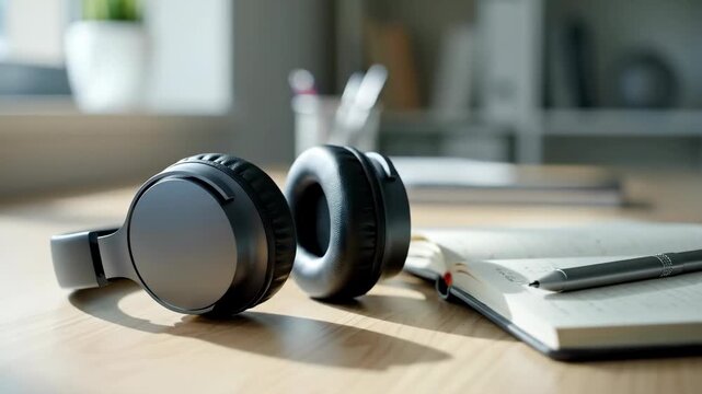 Black Over Ear Headphones Rest On Wooden Desk Next To Open Notebook And Pen With Natural Light From Window