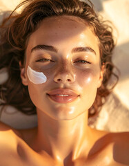 Smiling young woman relaxing in the sun with sunscreen on her cheek, symbolizing summer skincare, sun protection, healthy skin, self care, and outdoor wellness lifestyle.