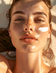 Smiling young woman relaxing in the sun with sunscreen on her cheek, symbolizing summer skincare, sun protection, healthy skin, self care, and outdoor wellness lifestyle.