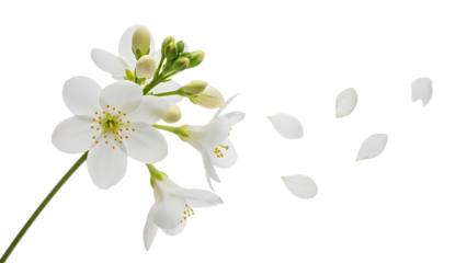 White flower petals falling from stem with green stem and yellow stamens isolated on a transparent background