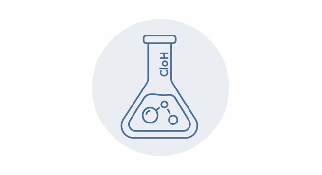 Erlenmeyer flask with chemical formula ClOH and molecules inside.