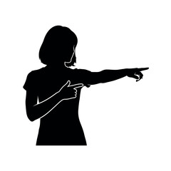 Silhouette of a woman pointing with both hands.