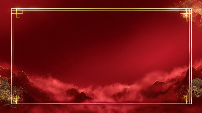 Luxury chinese background with red cloud landscape and elegant gold frame creates festive oriental background design for celebration card template and seasonal greeting banner