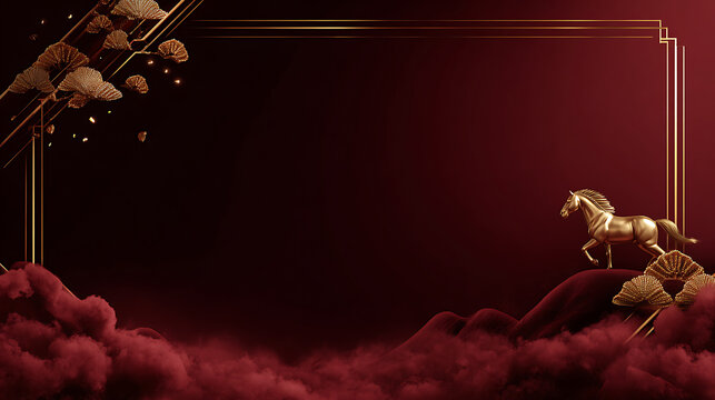 Luxury chinese background with golden horse and oriental mountain landscape elegant frame design with festive cloud and leaf decoration creating rich dramatic fantasy background - Powered by Adobe