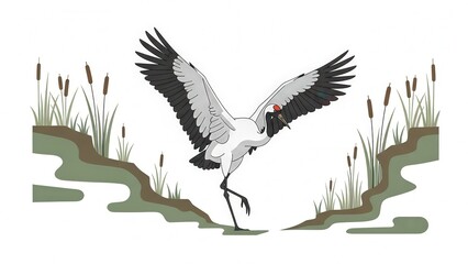 Obraz premium Graceful Stork Landing in Wetland with Reeds and Muddy Ground Scene