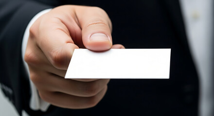 Hand Offering a Blank Business Card in a Professional Setting.