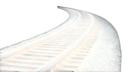 Curved train track with white rails and brown ties on gravel isolated on a transparent background curved rail
