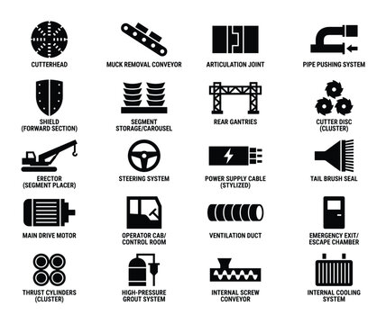 Tunnel Boring Machine Components Illustrated With Detailed Icons Set Design