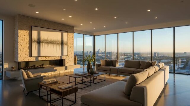 Modern interior design with panoramic city view and natural lighting
