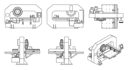Obraz premium Precise Blueprint Depicting Metalworking Machinery Technical Drawings Set
