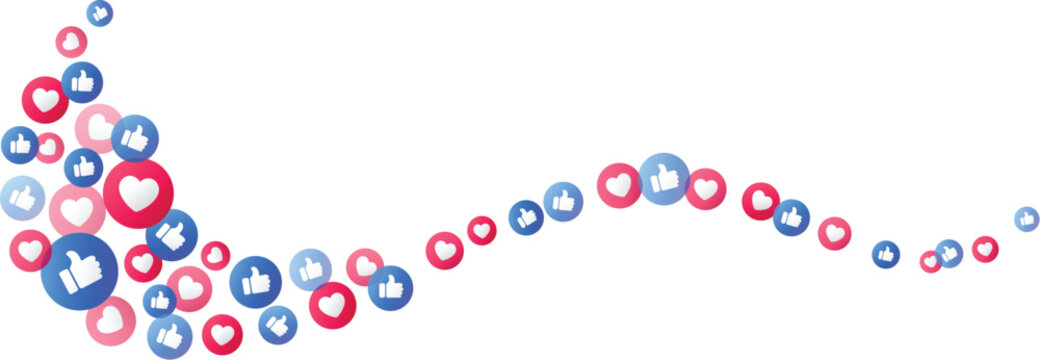 Floating wave of like love social media reaction emoji icons with thumbs up and heart icons for communication, internet, digital success, positive feedback, influence, popular, engagement