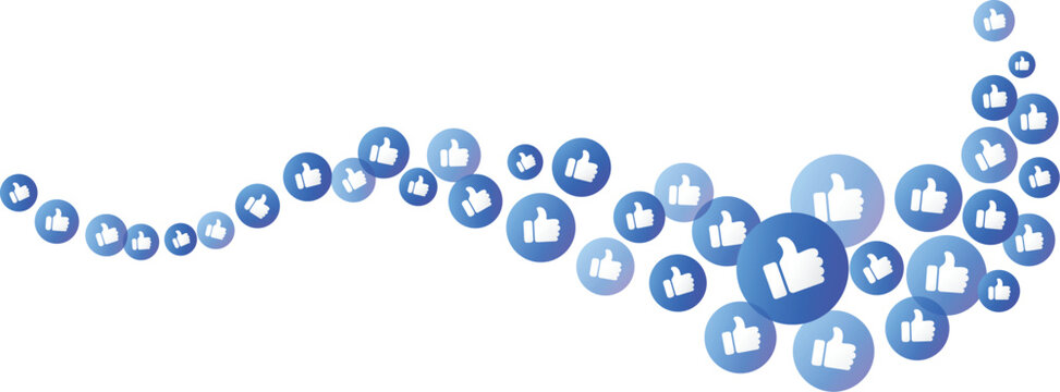 Like thumbs up approval emoji reaction icons forming a wave representing social media engagement, online approval, user engagement, popularity, communication, digital feedback design