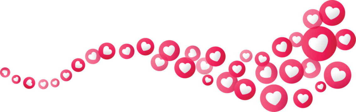 Flowing stream of love heart emoji icons button, symbolizing social media reactions, notification, feedback, engagement, communication, internet, approval design