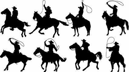 Cowboys riding horses with lassos in western motion silhouettes