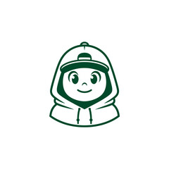 Cute Cartoon Character Wearing Hoodie and Baseball Cap Smiling.