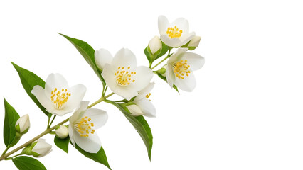 Obraz premium White jasmine flowers with green leaves and yellow stamens isolated on a transparent background white flowers 2